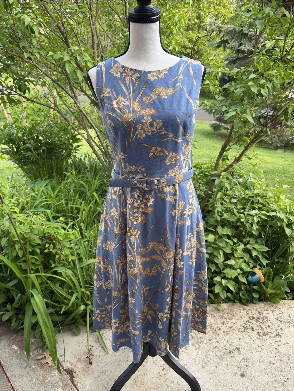 London Times Blue Midi Dress with Gold Floral Print and Belt